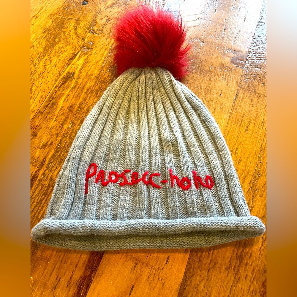 Unique womens holiday hat.  Stitched with Prosecc-hoho.